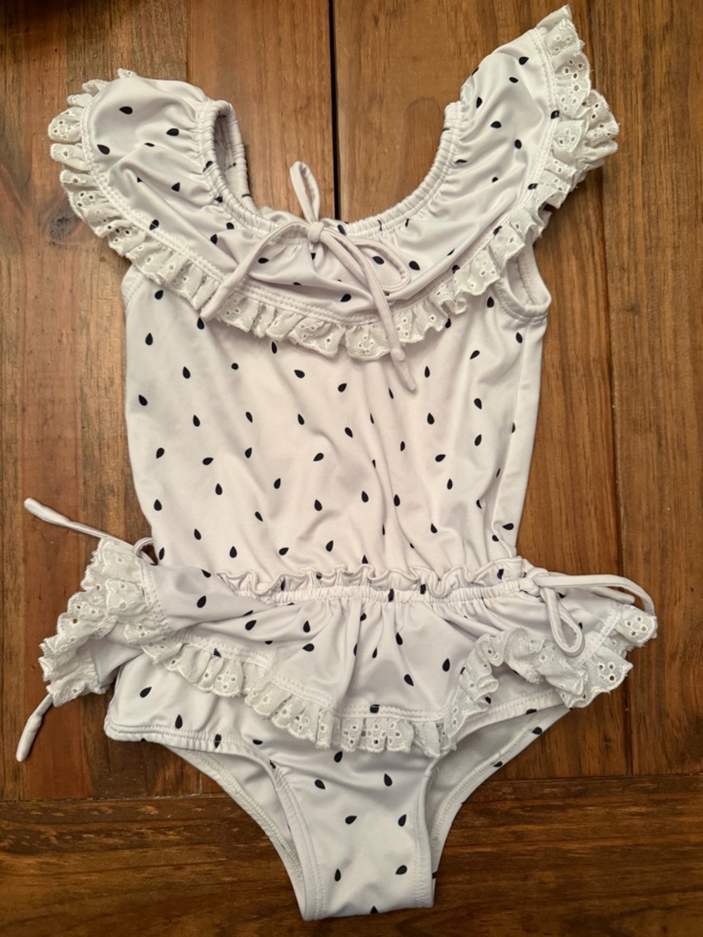 Girls' White Ruffle One-Piece Swimsuit with Black Dot Print 2T
